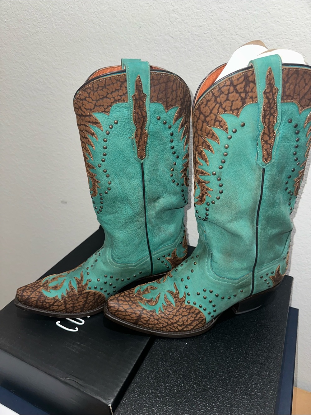 Turquoise and Brown Western Cowboy Boots - Leather Boots